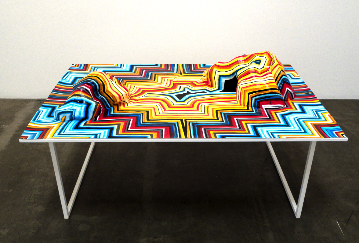Acrylic on paper and hydrocal with steel mesh, on wood topped powder coated aluminum table, 39 x 79 x 45".