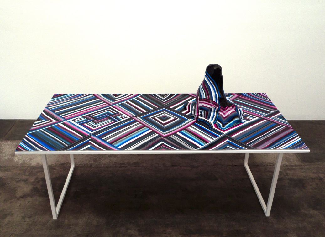 Acrylic on paper and hydrocal with steel mesh, on wood topped powder coated aluminum table, 44 x 73 3/4 x 36 1/8".