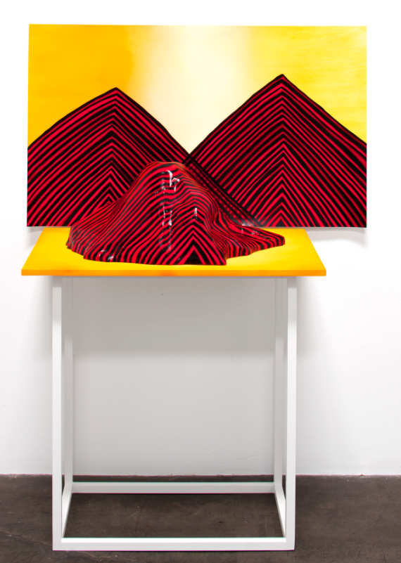 Acrylic on paper and hydrocal with steel mesh, on wood topped powder coated aluminum table, 2-part, 44 x 33 x 22".