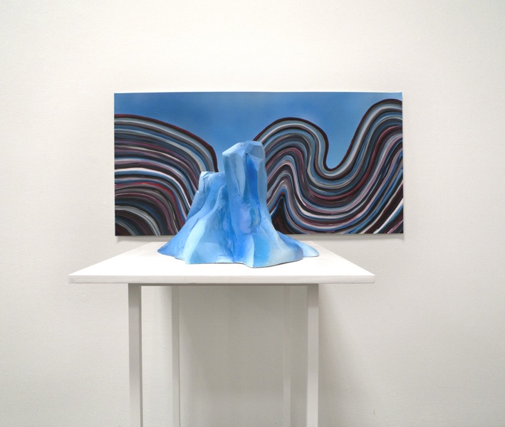 Acrylic on paper and hydrocal with steel mesh, on wood topped powder coated aluminum table, 2-part, Painting on wall: 24 x 49"; sculpture and table: 50 x 26 x 33 5/8".