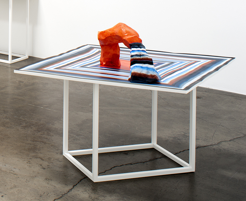 Acrylic on paper and hydrocal with steel mesh on wood topped powder coated aluminum table, 40 x 49 1/4 x 65"
